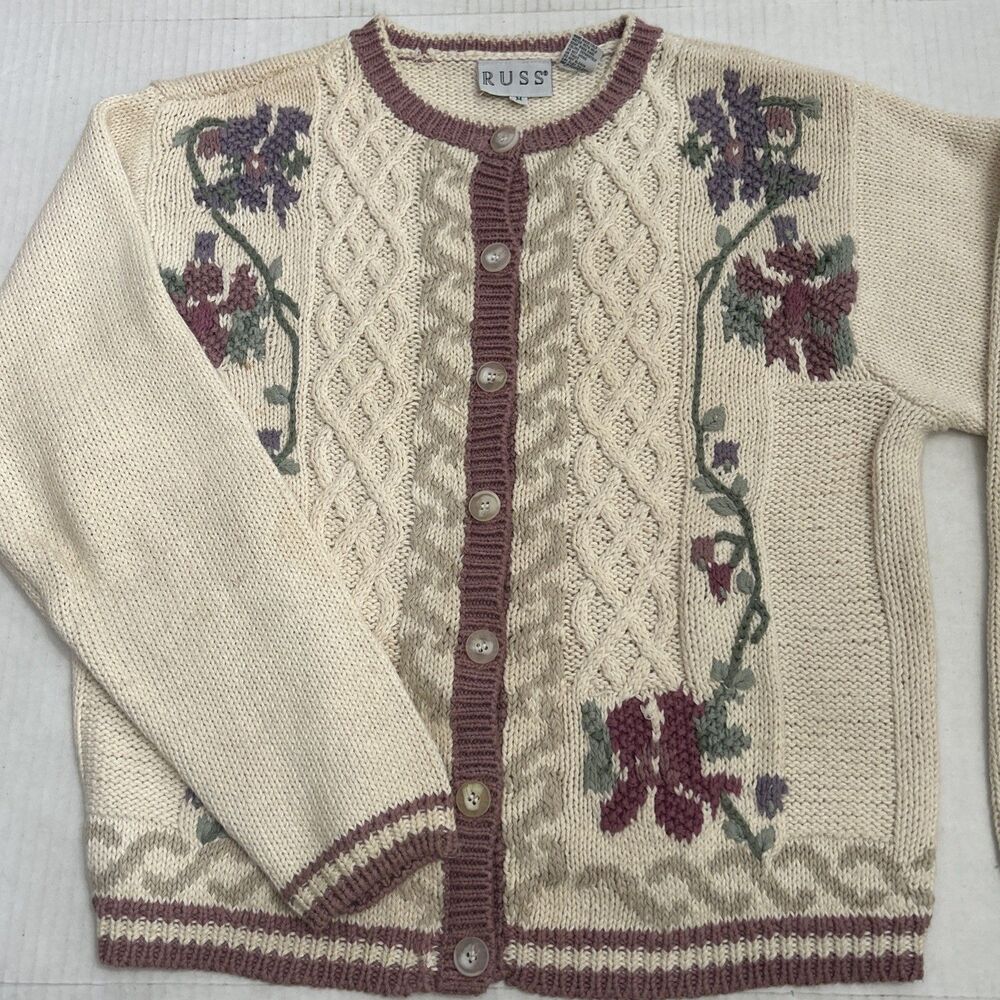 Vintage Russ Floral 90’s Cottage Core Cardigan Knit Sweater Granny